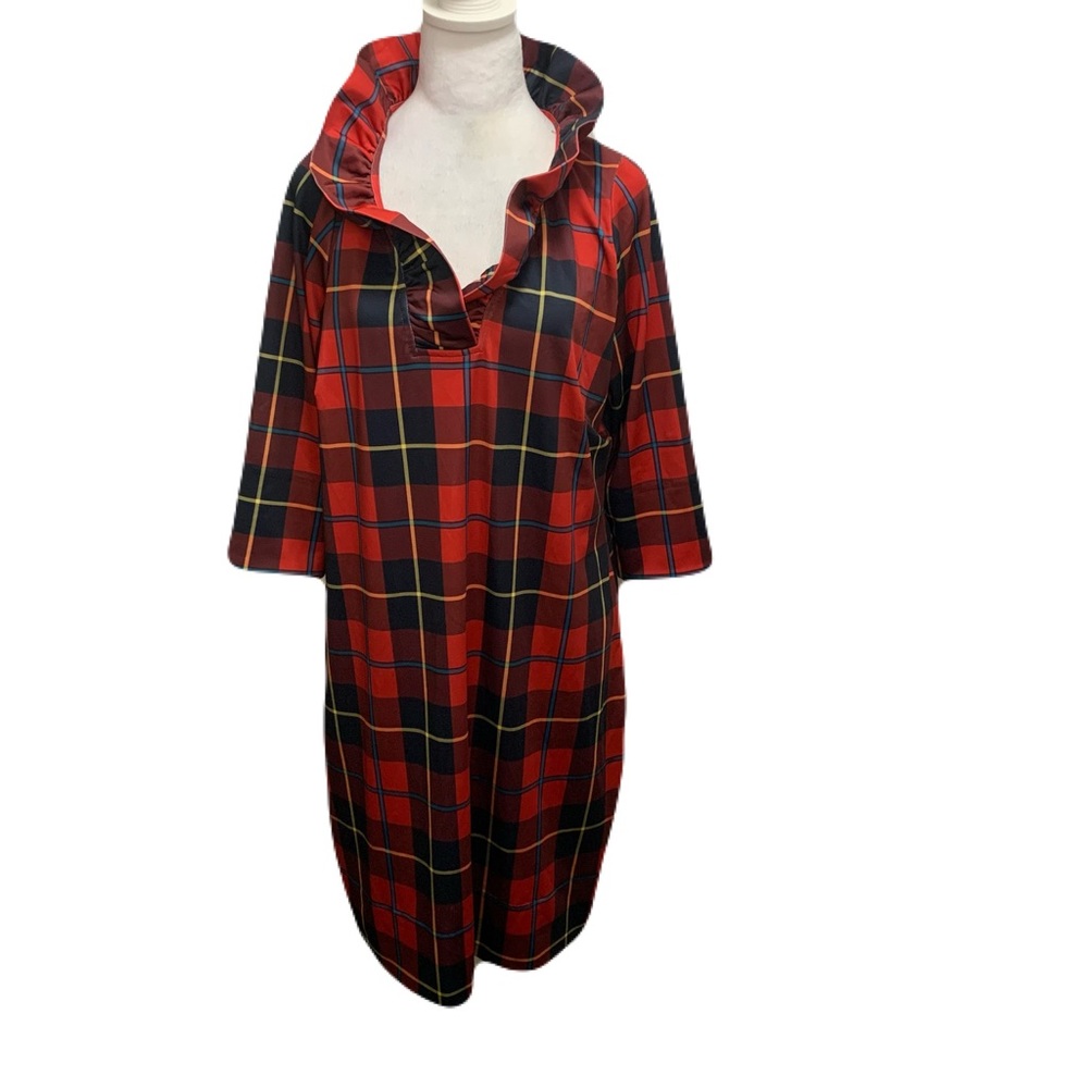 Gretchen Scott Designs XL Red Plaidly Cooper Ruffle Midi Dress Preppy Modest